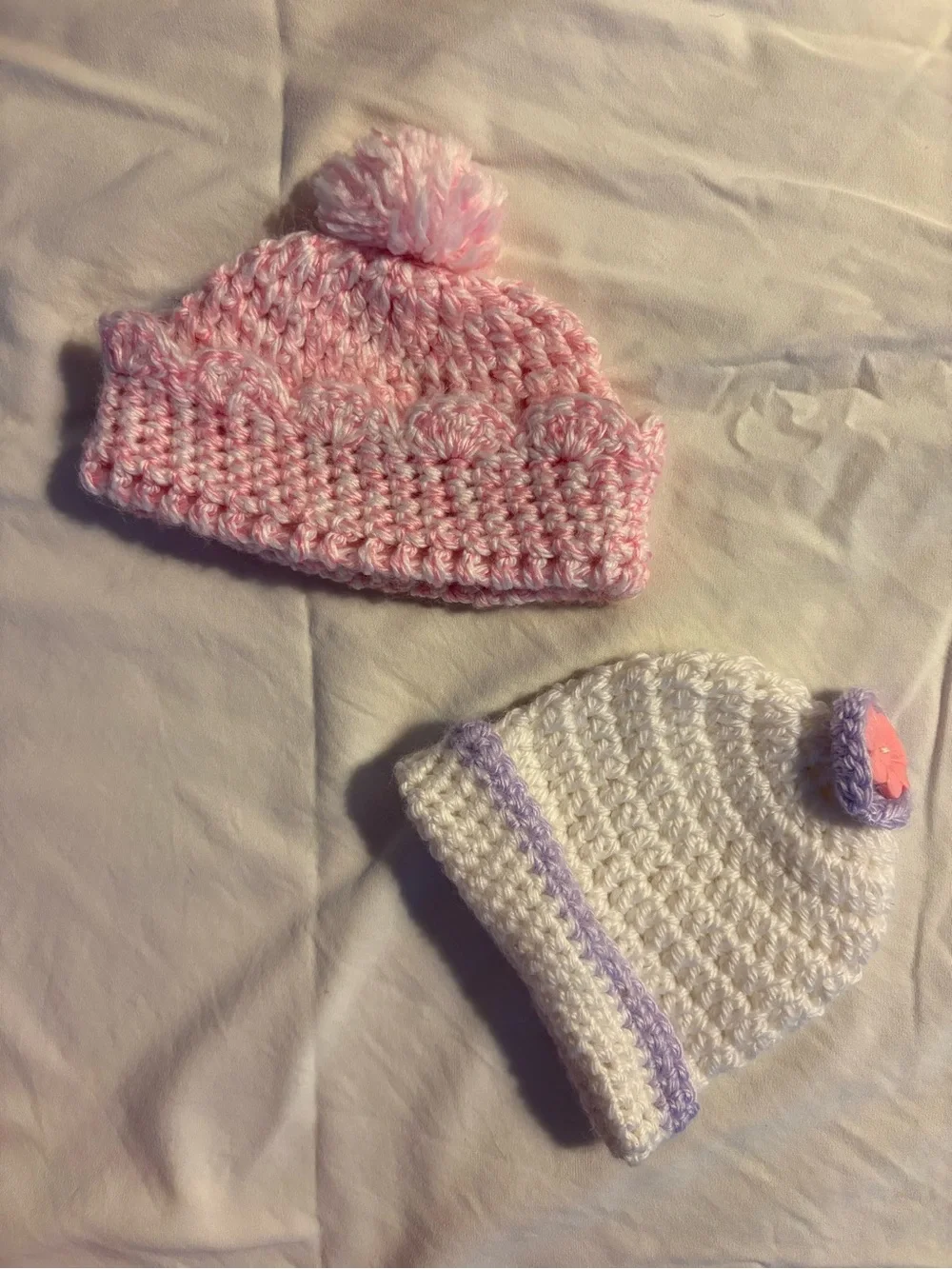 Handmade Pink and White Crochet Baby Hats - Soft Pom Beanie Set